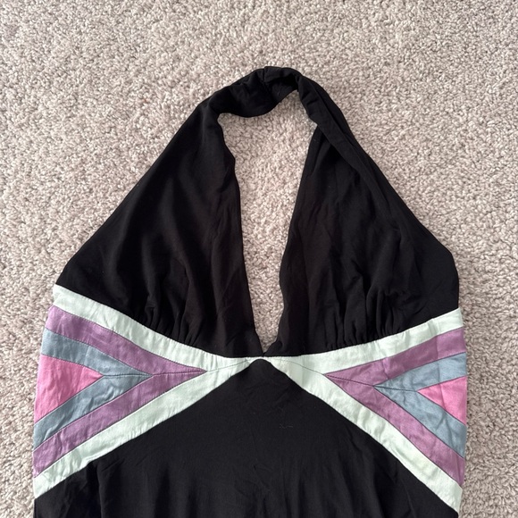 Vntg Bebe Halterneck Black Dress Satin Accents Size M Asymmetrical Babydoll Y2K - Picture 3 of 9